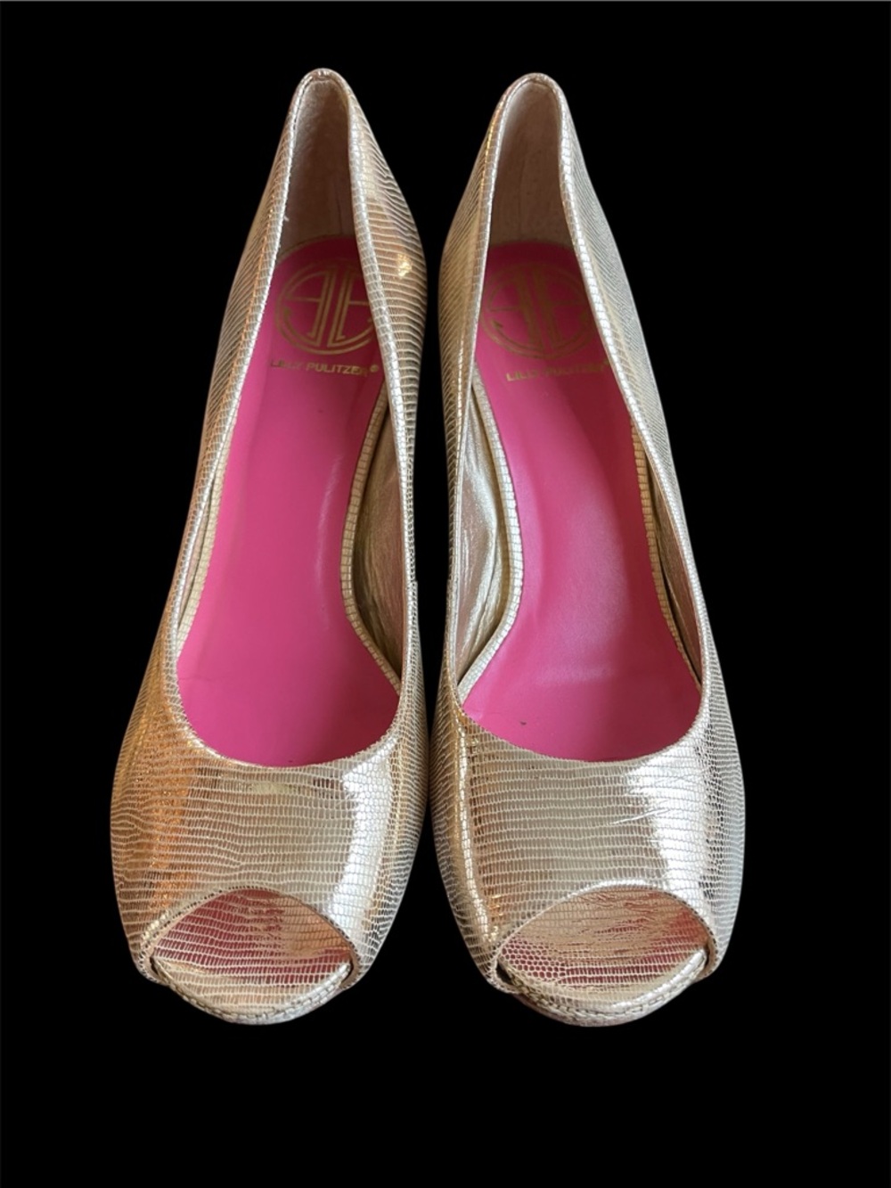 Lilly Pulitzer Metallic Gold Peep-Toe Heels with Pink Insole